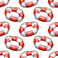 Watercolor illustration pattern of a red and white life buoy with ropes on it. Funds to help the drowning. Rescue device for holding a person on the surface of the water. Isolated png