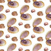 Watercolor illustration of a pattern of seamless seashells with a pearl in beige tones. Endlessly repeating marine background. Scallops, clams and spirals. Isolated . Drawn by hand. png