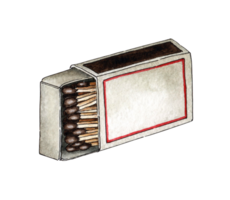 Watercolor illustration of an open matchbox full of red matches lying on its side. Get the flame. Light the fire. Burnt wooden stick. Hand drawn doodles. Isolated . Drawn by hand. png