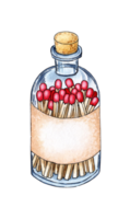 Watercolor illustration glass bottle with handmade matches. Get the flame. Light the fire. Burnt wooden stick. Hand drawn doodles. Isolated . Drawn by hand. png