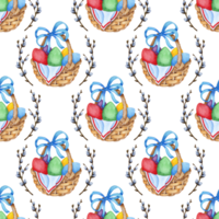 Watercolor illustration of a pattern of a wicker basket with a blue bow and painted eggs in it and willow branches. Seamless repeat print Easter holiday basket. Isolated. Drawn by hand. png