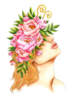 Watercolor illustration of the profile of a girl with a wreath of peonies on her head. Fairy fairy. Woman summer portrait. Isolated . Drawn by hand. png