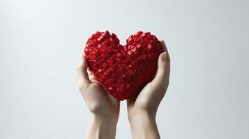 ai generado corazón en manos. humano manos participación rojo corazón en blanco antecedentes - médico concepto. foto