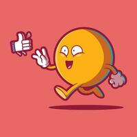 Emoji character running to catch a like icon vector illustration. Social media, tech, funny design concept.