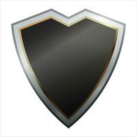 Shield icon with shiny metal frame. Black protection, security and defence symbol. Medieval design element. Vector shield icon