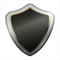 Shield icon with shiny metal frame. Black protection, security and defence symbol. Medieval design element. Vector shield icon