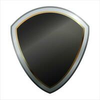 Shield icon with shiny metal frame. Black protection, security and defence symbol. Medieval design element. Vector shield icon