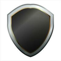 Shield icon with shiny metal frame. Black protection, security and defence symbol. Medieval design element. Vector shield icon