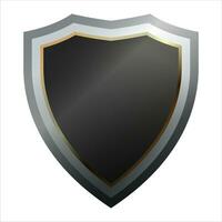 Shield icon with shiny metal frame. Black protection, security and defence symbol. Medieval design element. Vector shield icon