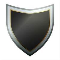 Shield icon with shiny metal frame. Black protection, security and defence symbol. Medieval design element. Vector shield icon