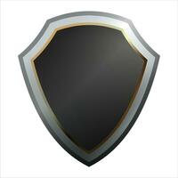 Shield icon with shiny metal frame. Black protection, security and defence symbol. Medieval design element. Vector shield icon