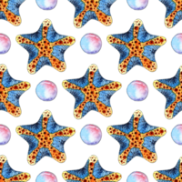 Watercolor painting pattern blue starfish and bubbles. Seamless repeating imprint of marine life. Inhabitants of the ocean floor. Isolated . hand-drawn. png
