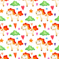 Watercolor painting pattern of a little pony with a red mane, clouds, hearts and stars. Seamless repeating pattern of fairy unicorn. Horse for design, decoration, packaging, fabrics. png