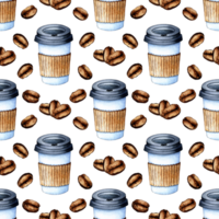 Watercolor painting pattern takeaway coffee cup and beans. A paper or plastic cup with a lid for coffee. Fast food. Menu decoration, signboards, shop windows, postcards, posters, wallpapers. Isolated png