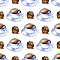 Watercolor pattern illustrations of white coffee cups and saucers and chocolate candy. Coffee in a white cup with foam. Black coffee or cappuccino. Hot drink for breakfast. Refreshing drink. Isolated png