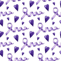 Watercolor illustration pattern purple ribbon and hearts, symbol of Domestic Violence Awareness Month. October with dark purple awareness ribbon. Isolated . Drawn by hand. png