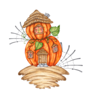 Watercolor illustration of an orange pumpkin house with a wooden door, windows and cobwebs. Hand painted autumn fairytale house in the forest. Cute pumpkin house surrounded by leaves and plants. png