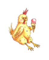 Yellow funny chicken eats ice cream drawn with colored pencils. It's perfect for postcards, posters, banners, invitations, greeting cards, prints. Isolated . Drawn by hand. png