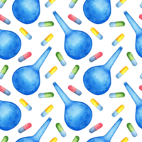 waterverf illustratie blauw medisch klysma en pillen. naadloos herhaling afdrukken van een medisch injectiespuit voor schoonmaak de rectum. behandeling, Gezondheid bescherming. geïsoleerd. getrokken door hand. png