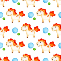 Watercolor painting pattern of a little pony with a red mane and circles. seamless repeating print fairytale unicorn pattern. Horse for design, decoration, packaging, fabrics. Isolated. Drawn by hand. png