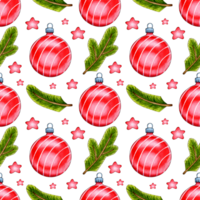 Watercolor painting pattern of red Christmas balls, fir branches and stars. Seamless repeating print in Scandinavian fairy style for Christmas and New Year. Illustration for clothing, packaging, png