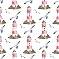 Watercolor illustration of a lighthouse pattern with red and white stripes stands on rocks and seagulls. Seamless repeating nautical print, sailing aid. Isolated. Drawn by hand. png