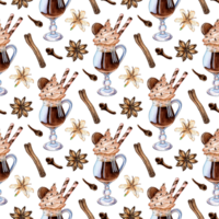 acuarela pintura modelo chocolate cóctel con galletas y pajitas y especias canela, clavos de olor. café con Leche y crema en un vaso. cacao bebida con crema y chocolate papas fritas. almuerzo a un café png