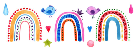 acuarela pintura conjunto de linda infantil arco iris garabatear clima. bebé póster, bebé ducha o bebé nacimiento anuncio tarjeta modelo con sitio para texto. aislado dibujado por mano. png