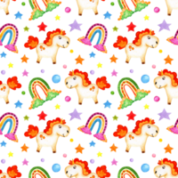 Watercolor drawing of a little pony with a red mane, clouds, a rainbow and stars. Seamless repeating pattern of fabulous unicorn. Horse for design, decoration, packaging, fabrics. Isolated png