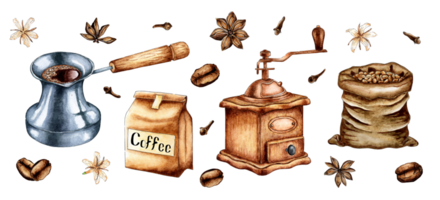 Set of watercolor painting craft package with coffee bobs, coffee grinder, turka, bag and spices cinnamon, cloves. Black coffee or cappuccino. Hot drink for breakfast. Refreshing drink. Isolated png