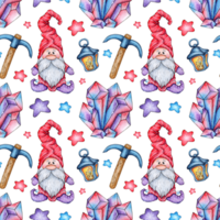 Watercolor painting pattern gnome, pickaxe, lamp, crystal, bunch of keys. Seamless repeating print of gems and metals mining tools. Isolated. Drawn by hand. png