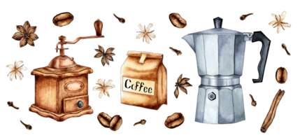 Set of watercolor painting craft package with coffee beans, coffee grinder, coffee maker and spices cinnamon, cloves. Black coffee or cappuccino. Hot drink for breakfast. Refreshing drink. Isolated png