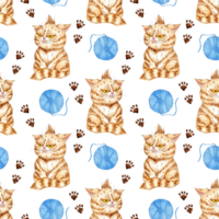 Watercolor illustration of a ginger kitten and a ball of yarn. Seamless repeat cat print with wool balls and paw prints. A toy for a cat. Knitting is a hobby. For children's textiles, wallpapers, png