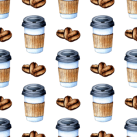 Watercolor painting pattern takeaway coffee cup and beans. A paper or plastic cup with a lid for coffee. Fast food. Menu decoration, signboards, shop windows, postcards, posters, wallpapers. Isolated png