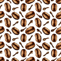 Watercolor painting pattern of roasted coffee beans and cloves isolated. Dark brown coffee beans clipart for product design. Cappuccino is an ingredient in morning coffee. Cafe design element. png