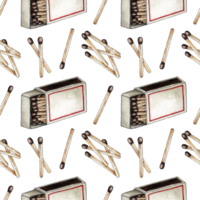 Watercolor illustration of a pattern of matchboxes full of matches and a scattering of it. Get the flame. Light the fire. Burnt wooden stick. Hand drawn doodles. isolated . Drawn by hand. png