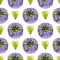 Watercolor illustration pattern purple cardboard box and green hearts. Gift box with hand painting for a compliment or gift. Isolated. Drawn by hand. png