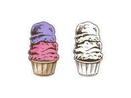 A hand-drawn colored and monochrome sketch of frozen yogurt or soft ice cream, cupcake in a cup. Vintage illustration. Element for the design of labels, packaging and postcards. vector