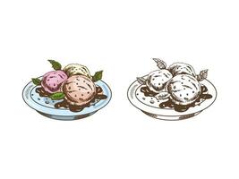 A hand-drawn colored and monochrome sketch of an ice cream balls in a plate with chocolate sauce. Vintage illustration. Element for the design of labels, packaging and postcards. vector