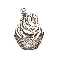 A hand-drawn sketch of a waffle basket with frozen yogurt or ice cream with cookies. Vintage illustration. Element for the design of labels, packaging and postcards. vector