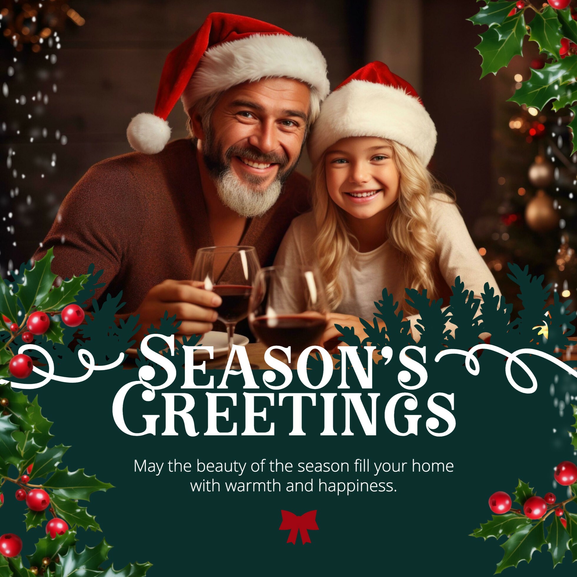 Green Red Season Greetings with Snow and Mistletoe Template