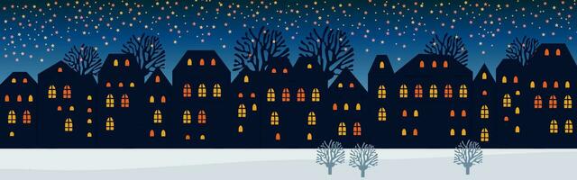 Cute Christmas and winter Night city houses. Snowy town panorama. vector