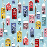 Christmas seamless pattern with winter houses, trees and other elements. vector