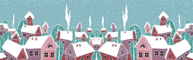 Cute Christmas and winter houses. Snowy night in cozy Christmas town panorama. vector