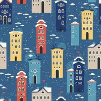 Christmas seamless pattern with winter houses, trees and other elements. vector