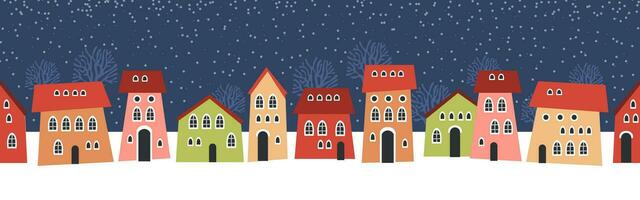 Cute Christmas and winter houses. Snowy night in cozy Christmas town city panorama. vector
