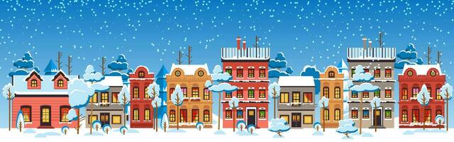 Cute Christmas and winter houses. Snowy night in cozy Christmas town panorama. vector