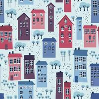 Christmas seamless pattern with winter houses, trees and other elements. vector