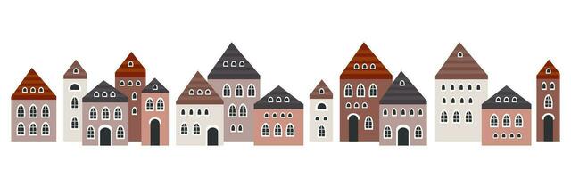 Cute Christmas and winter houses. Snowy night in cozy Christmas town city panorama. vector