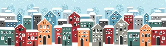 linda Navidad y invierno casas Nevado noche en acogedor Navidad pueblo panorama. vector